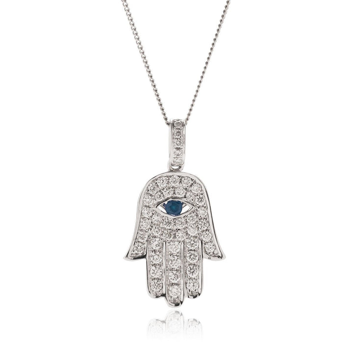 Sapphire & Diamond Hamsa Necklace 0.33ct F VS Quality in 18k White Gold - David Ashley