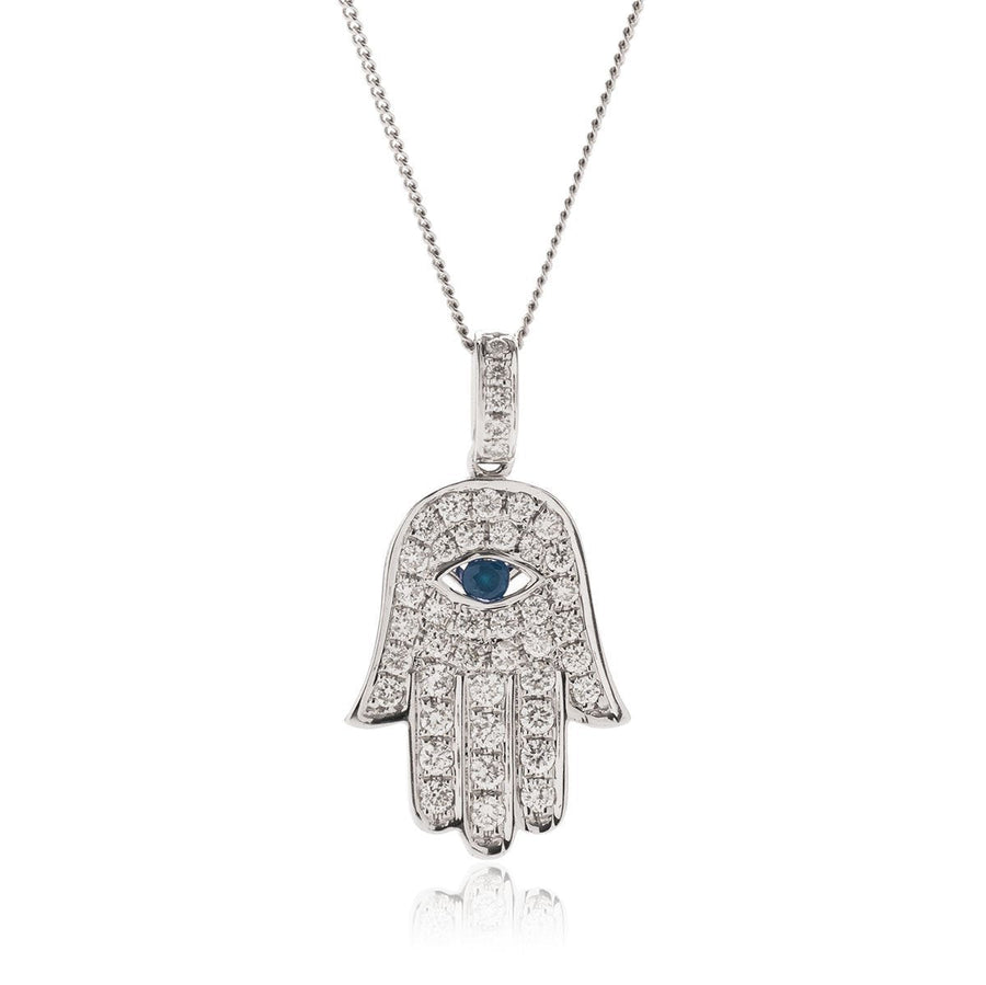 Sapphire & Diamond Hamsa Necklace 0.60ct F VS Quality in 18k White Gold - David Ashley