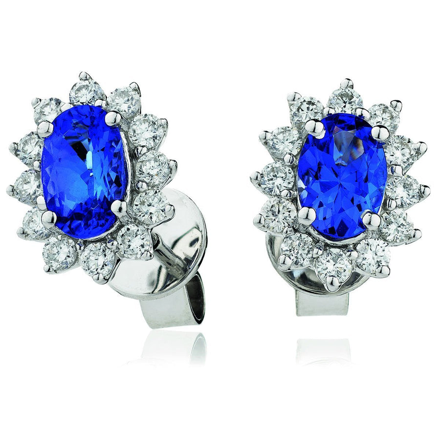 Sapphire & Diamond Oval Cluster Earrings 1.60ct in 18k White Gold - David Ashley