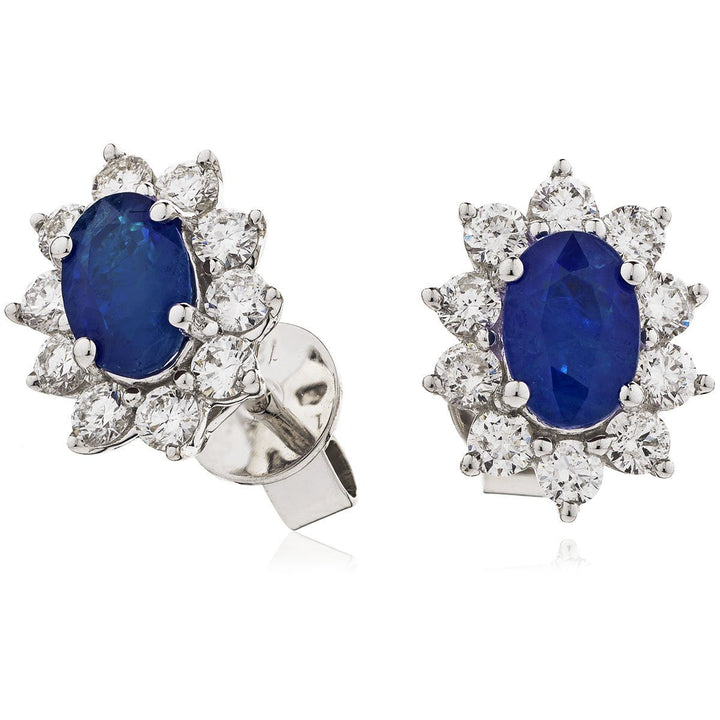 Sapphire & Diamond Oval Cluster Earrings 1.60ct in 18k White Gold - David Ashley