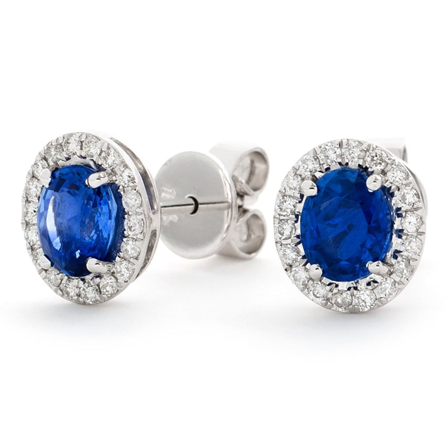 Sapphire & Diamond Oval Cluster Earrings 1.70ct in 18k White Gold - David Ashley