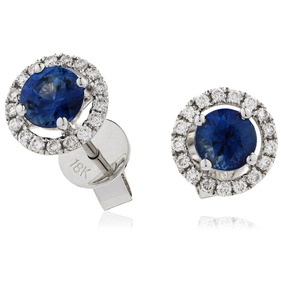 Sapphire & Diamond Round Cluster Earrings 1.20ct in 18k White Gold - David Ashley