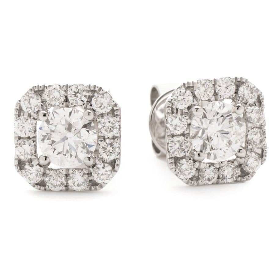 SQUARE HALO DIAMOND EARRINGS 0.90CT F/VS QUALITY IN 18K WHITE GOLD - David Ashley