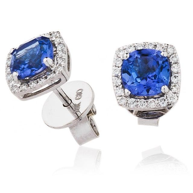 Tanzanite & Diamond Cushion Cluster Earrings 2.05ct in 18k White Gold - David Ashley