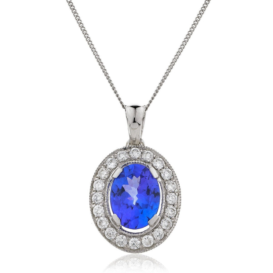 Tanzanite & Diamond Halo Necklace 1.30ct F VS Quality in 18k White Gold - David Ashley