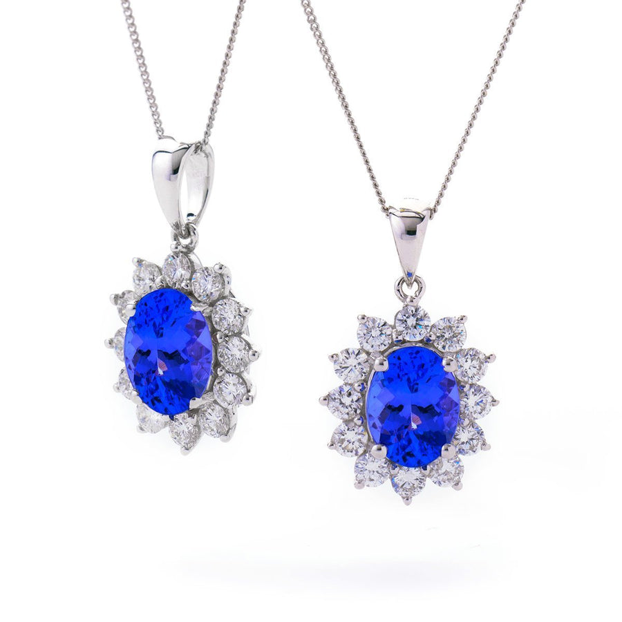 Tanzanite & Diamond Halo Necklace 1.90ct F VS Quality in 18k White Gold - David Ashley