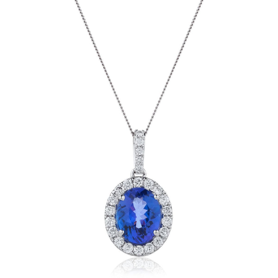 Tanzanite & Diamond Halo Necklace 1.90ct F VS Quality in 18k White Gold - David Ashley