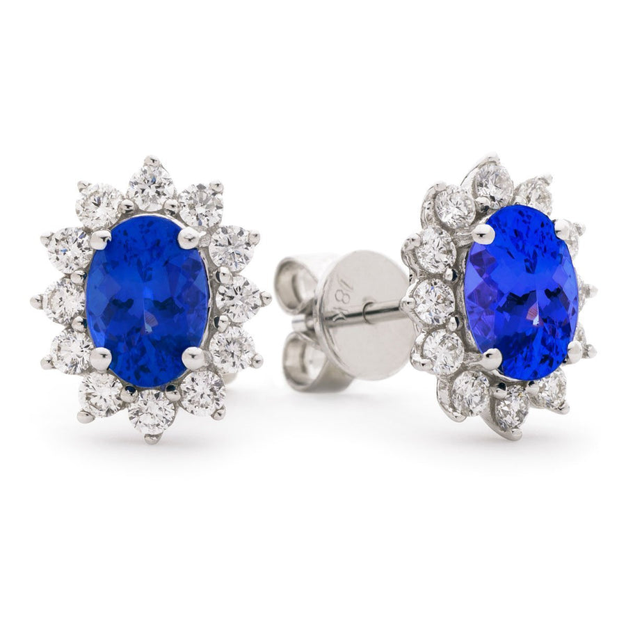 Tanzanite & Diamond Oval Cluster Earrings 1.25ct in 18k White Gold - David Ashley