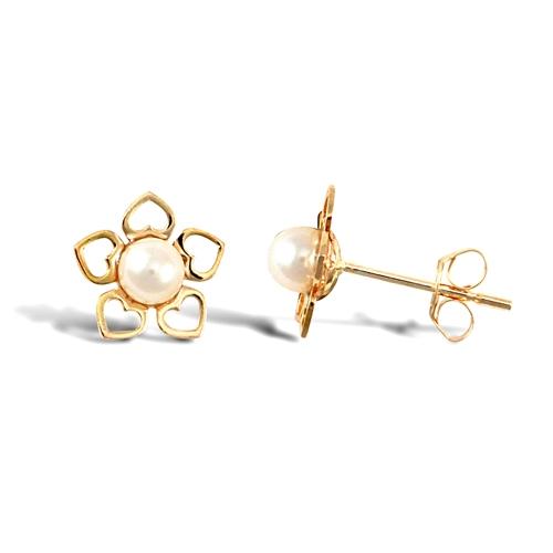 White Freshwater Pearl Flower Stud Earrings 3.5-4mm in 9ct Yellow Gold - David Ashley